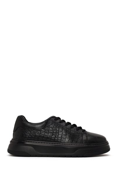 Derimod Men's Black Lace-Up Thick-Sole Crocodile Patterned Leather Sneaker Wm...