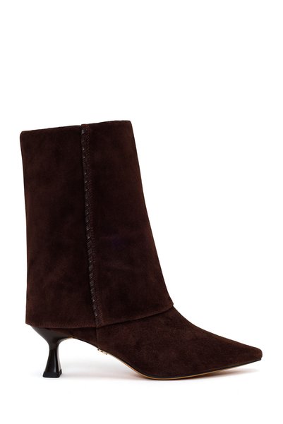 Derimod Women's Brown Heeled Suede Leather Boots Af530016Ds