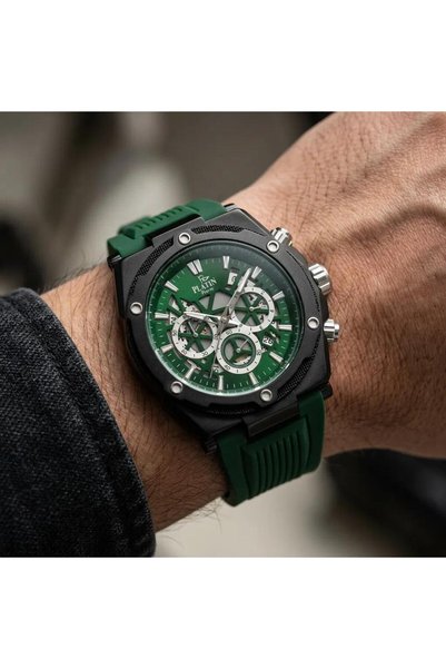 Platin Pierre GREEN SILICONE STRAP, BLACK CARBON CASE, FULL-FEATURED MEN'S WATCH