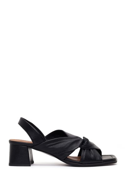 Derimod Women's Black Short Thick Heeled Leather Sandals 26Pfd230418
