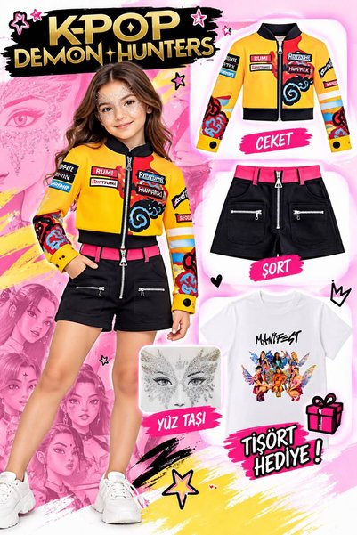 bemora kids kpop huntrix rumi deri ceket - şort - yüz taşı doğum günü parti s...