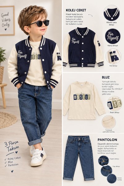 nazarbebe Boy's Navy Blue College Jacket 3-Piece Set – Casual Stylish Comfort...