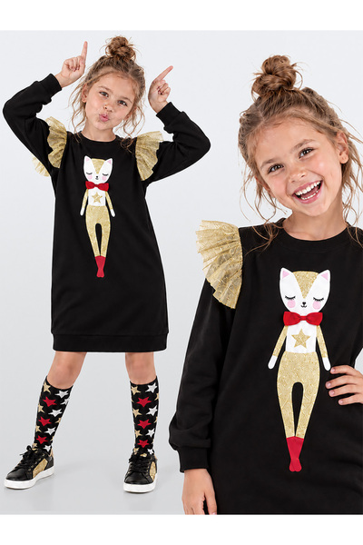 Denokids Simli Kedi Kız Çocuk Siyah Elbise