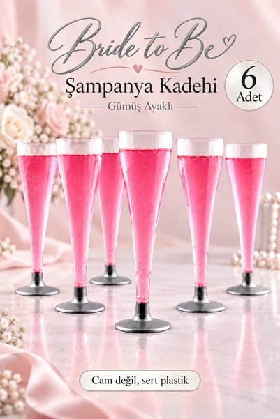 Ezupack Bride To Be Parti Kadeh Şampanya Bardağı 6'lı Gümüş Bekarlığa Veda Partisi Bardak Dövmesiz