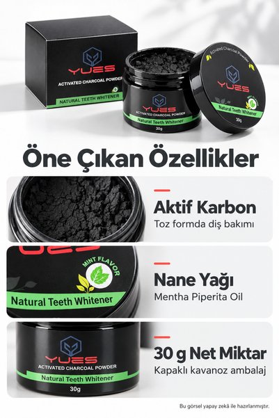 YUES Aktif Karbon Diş Beyazlatma Tozu Nane Aromalı 30 g GS-004M