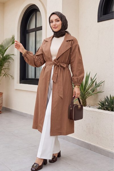 Generic Brand معطف طويل مبطن بحزام مطاطي على الخصر وياقة مزدوجة الصدر - لون أسمر