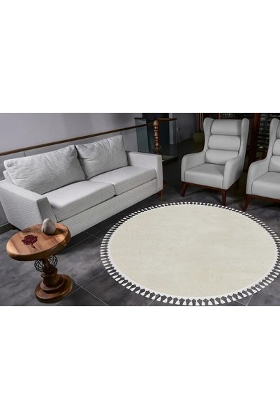 Valery Home Vl Yuvarlak Comfort Ponpon Saçaklı Peluş Ekru