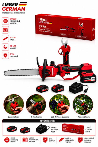 Lieber German 2 Li Set 30Cm Palalı Teleskopik Testere + 40Mm Dal Kesme Makası