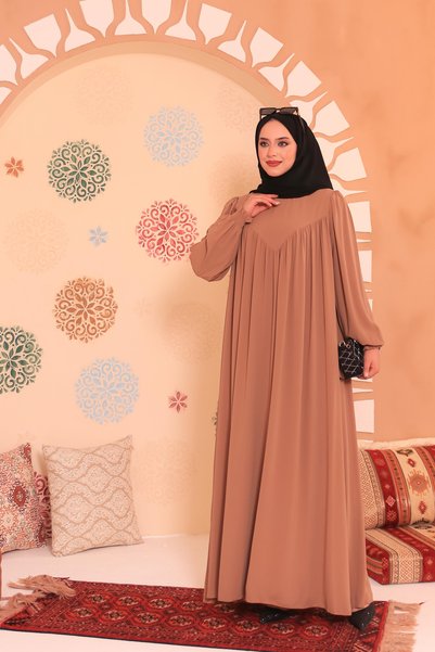Berel Moda Hijab Dress Camel Robadan V Gathered Cuff Elastic Oversize