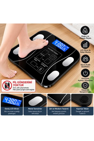 ARVALE Akıllı Bluetooth Tartı | Vücut Analizli Dijital Baskül – 180 kg, LCD E...