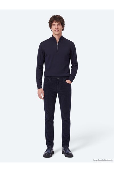 Kip Lacivert Fitilli Dokuma Slim Fit Kadife Casual Pamuk Karışımlı Pantolon