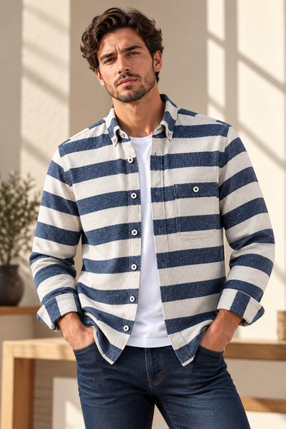 Beyome Men's Striped Lumberjack Shirt, Button-Down, with Pockets, Thick Fabri...