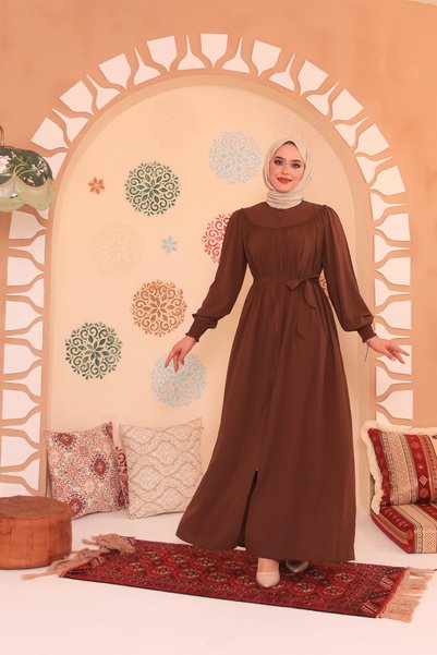 Berel Moda Hijab Dress Ferace Chocolate Brown Mihrimah Roba Detailed Belted M...