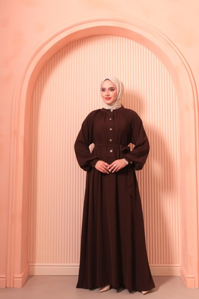 Berel Moda Hijab Dress Bitter Brown Half Placketed Buttoned Belted Waist Over...