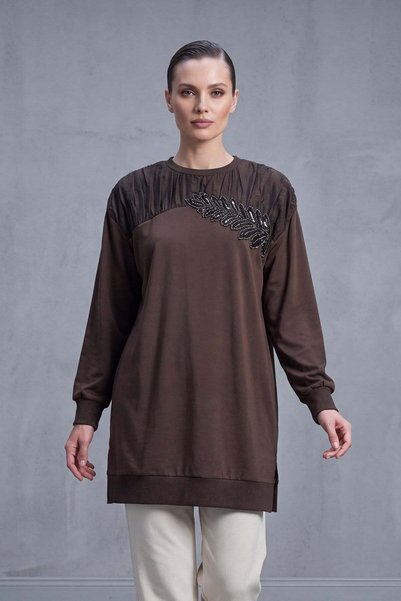 Puane Leaf Sequined Gathered Shoulder Detail Tunic Brown