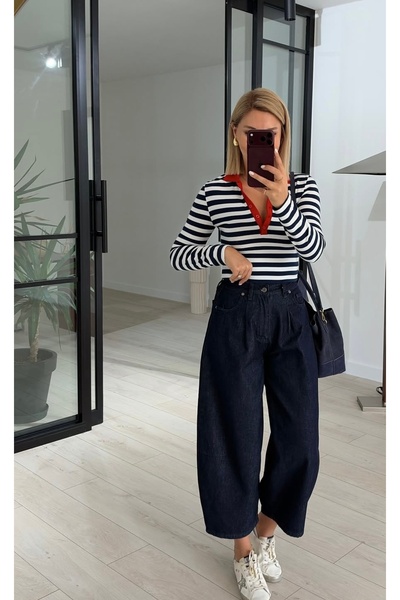 CADDELAMODA Half-Pleated Striped Premium Blouse