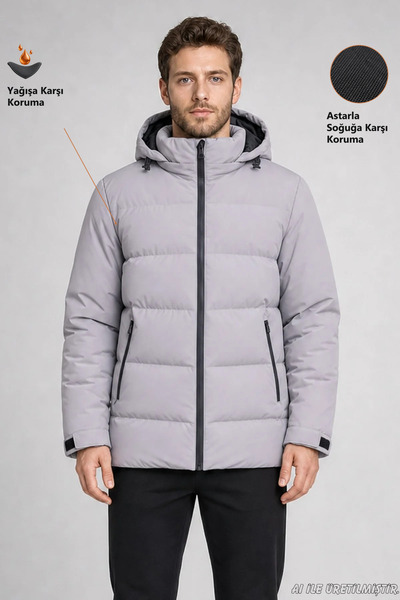 Freemen Men's Gray Waterproof Coat Nova Fabric Removable Hooded Zipper Detail