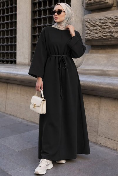 N.S NEVA STYLE Crew Neck Straight Cut Oysho Fabric Black Hijab Dress 3138S