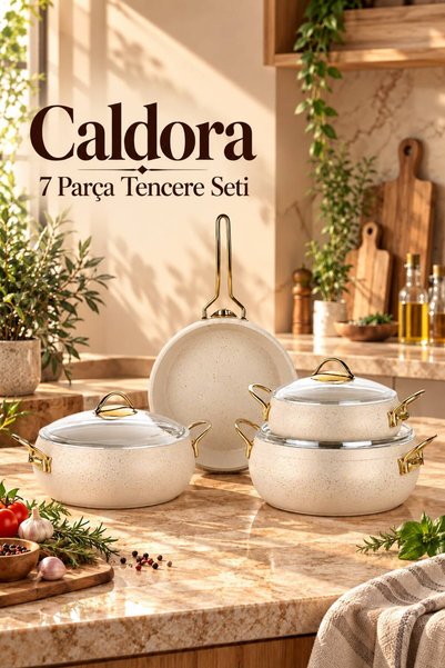 LAVONNI Caldora 7 Parça Granit Güveç Tencere Seti Krem Gold Saplı - 20/24/26 ...