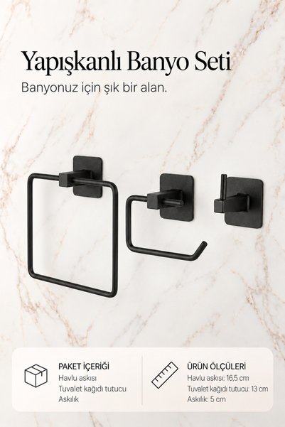 evina Kare Yapışkanlı Set Kare Havluluk Wc Tuvalet Kağıtlık Tekli Askılık Siyah