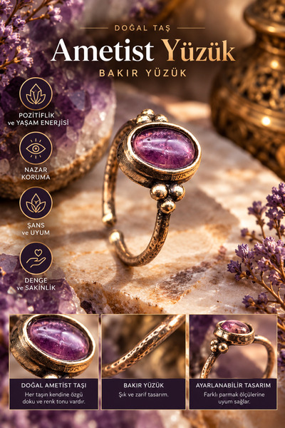 NBS Beautiful Naturel Stones Yüzük Ametist Saf Bakır Ayarlanabilir ( Pozitifl...