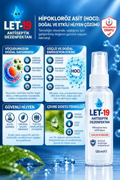 LET-19 Let 19 Hipokloröz Dezenfektan ve Antiseptik – Alkolsüz Sprey 120 ml