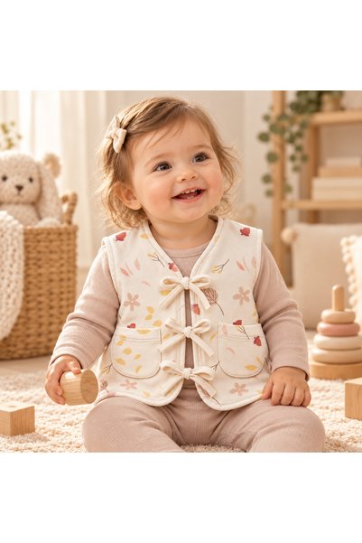 CottoVera %100 Pamuk Kız Bebek Desenli ve Bağlamalı Cepli Yelek - (Oeko-Tex S...
