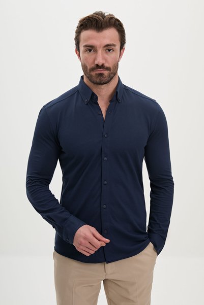 Mcr Düz Slim Fit Üstten Düğmeli Uzun Kollu Erkek Gömlek Lacivert - 37844.23K