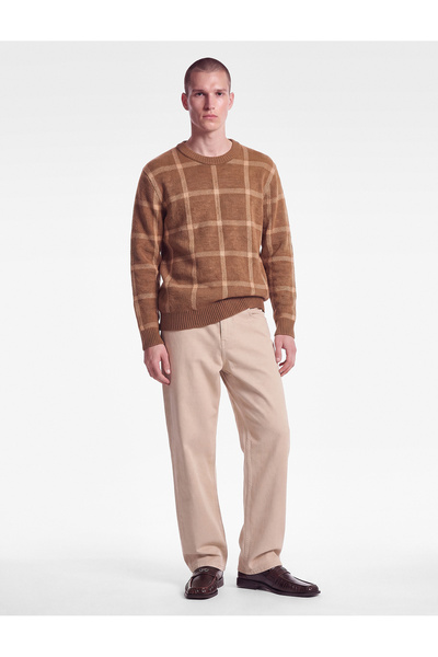 Koton Long Sleeve Crew Neck Checkered Knit Sweater