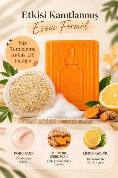 EpiRelax Kojik Asit Sabunu Kabak Lifi Hediyeli, Leke Karşıtı Temizlik Sabunu – Kojik Asit, Zerdeçal ve Limon
