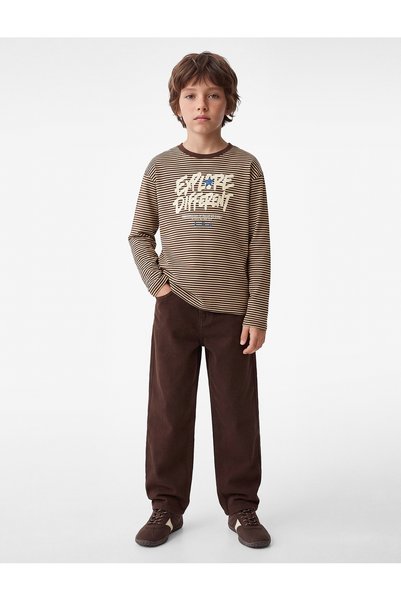 Koton Cotton Crew Neck Long Sleeve Printed Striped T-Shirt