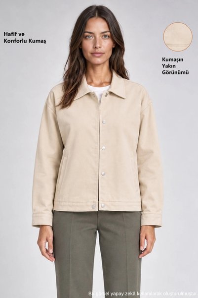 Freemen Kadın Oversize Basic Gabardin Mevsimlik Polo Yaka Taş Ceket