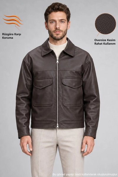 Freemen Men's Brown Oversize Faux Leather Coat with Flap Chest Pockets and Zi...