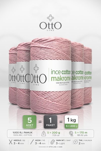 OTTO LINE İNCE COTTON MAKROME • Açık Pembe • 5'li Paket × 200 gr / 170 m • 2 ...