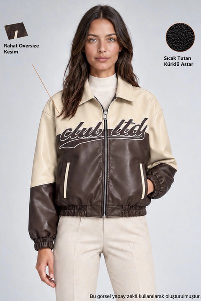 Freemen Women's Brown Double-Colored Oversize Faux Leather Jacket with Fur In...