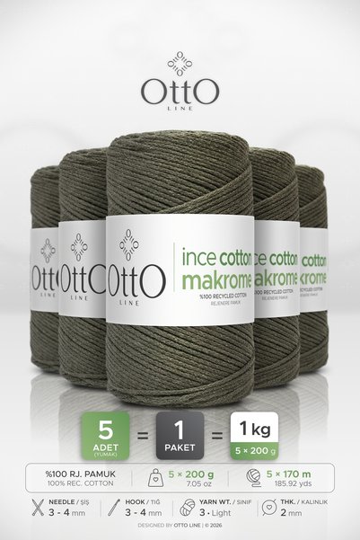 OTTO LINE Thin Cotton Macrome • Army Green (Khaki) • 5-Pack X 2Mm/200Gr/170M ...