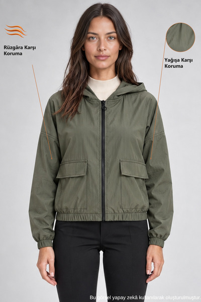 Freemen Women's Khaki Water-Resistant Crinkle Fabric Hooded Raincoat - Windbr...