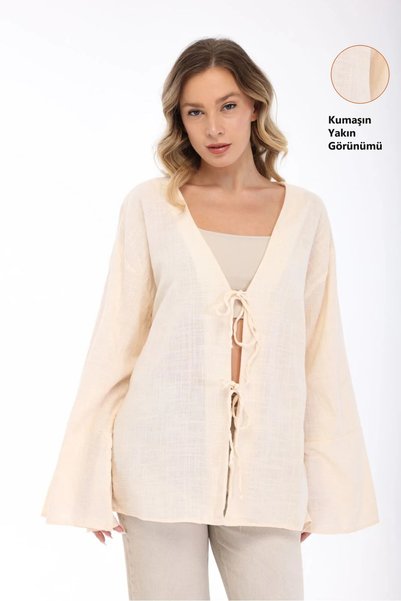Freemen Kimono de damă crem, supradimensionat, din in, cu mâneci liliac și de...