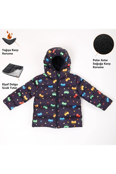 Freemen Girl's Fleece Inside Furry Hooded Car Star Moon Patterned Winter Puff...