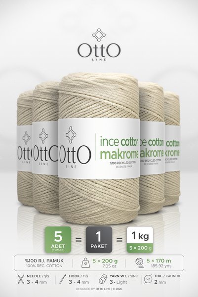 OTTO LINE Тънка памучна макраме нишка • Кремава • Комплект от 5 броя × 200 гр...