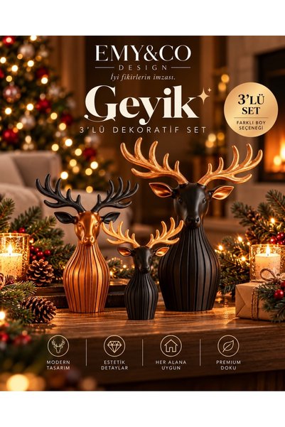 3’lü Dekoratif Geyik Seti Siyah Bakır – Yılbaşı ve Kış Temalı Masa Konsol Dekoru