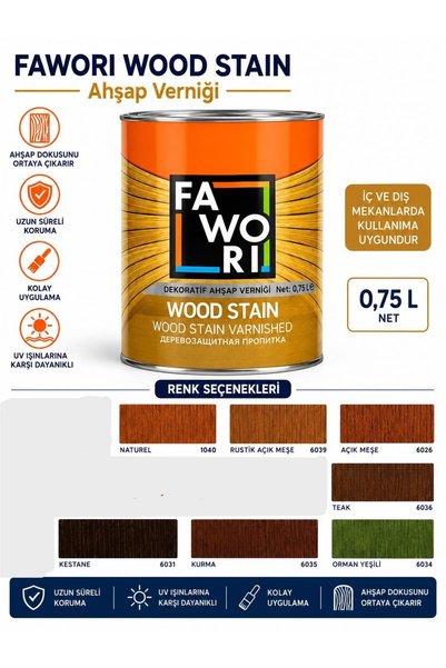 Fawori Wood Stain Vernikli Ahşap Koruyucu 0,75 L Rustik Açık Meşe