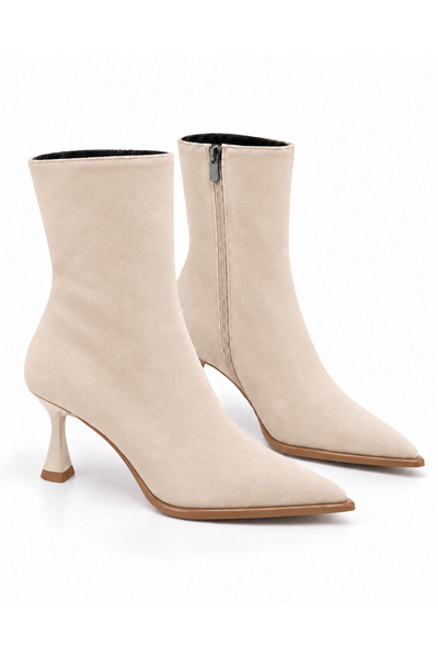 KM shoes حذاء نسائي أنيق من جلد الغزال الإكروي ذو كعب رفيع وسحاب أمامي