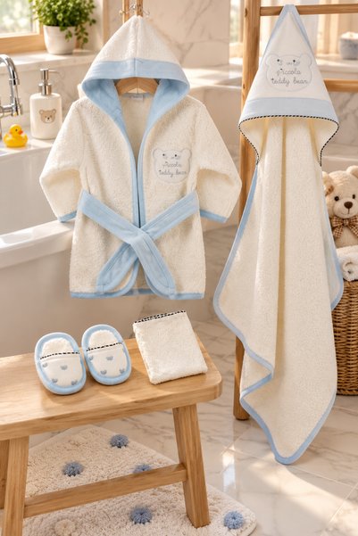 Cherub Baby Teddy Bear Nakışlı Organik Yenidoğan Erkek Bebek Havlu Bornoz Set...
