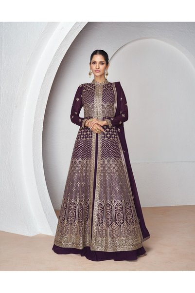 Ashirvad Embroidered Georgette Lehenga in Purple