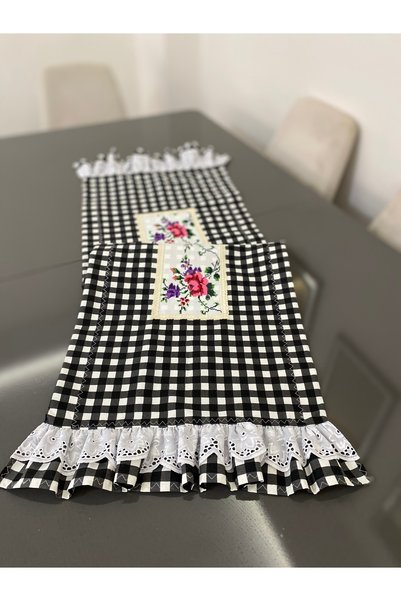 Parla Life Black Gingham Cross-Stitch Embroidered Scalloped Runner