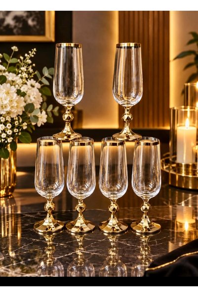 Vakıf home Bohemia Kristal Titanyum Gold Ayaklı Kahve Yanı Su Bardağı 6 Adet