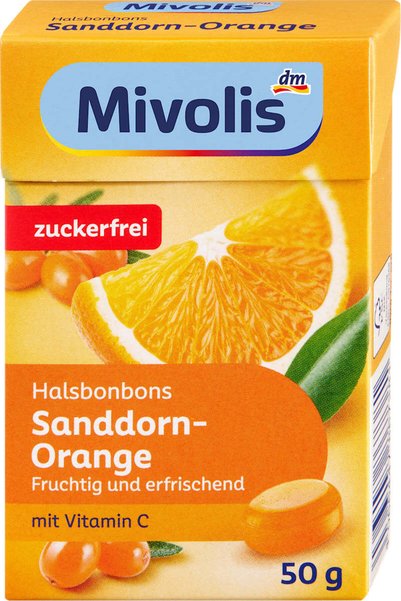 mivolis Bomboane pentru gât cu cătină și portocale, 50 g
