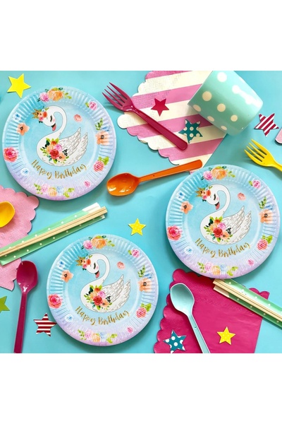 Baloane Vesele Set 6 Farfurii Petrecere Cu Lebede Si Flori 18 cm