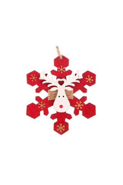Jumbo Ornament de Lemn pentru Brad de Craciun Fulg Rosu Cerb Alb 10cm